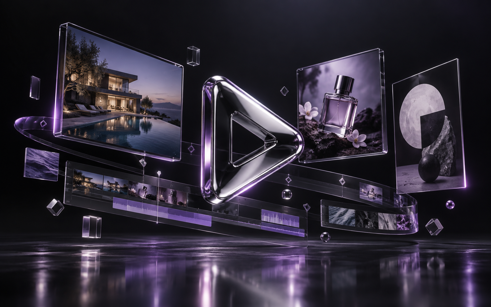Chrome play sculpture surrounded by architectural imagery, product advertising, design and video editing frames